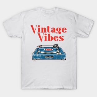 Retro Vynil Player with 'Vintage Vibes' Slogan T-Shirt